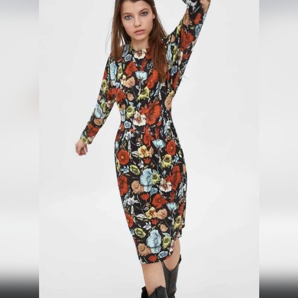 Zara Floral Midi Long Sleeve Dress, Sz S - Picture 2 of 3
